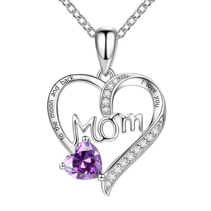 Wholesale Mother's Day Mom Heart-shaped Engraved Diamond Alloy Necklace